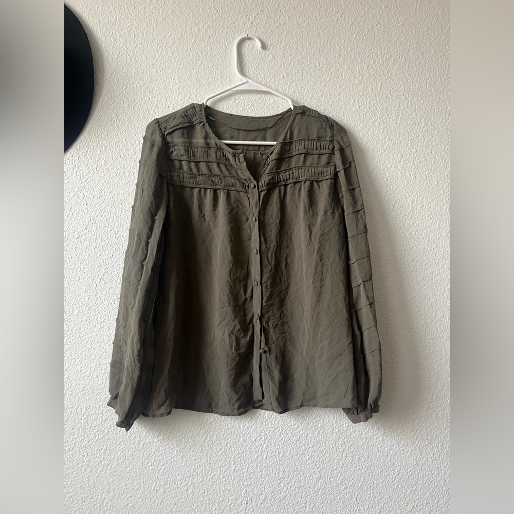 Gerard Darel | Olive pleated silk long sleeve blouse